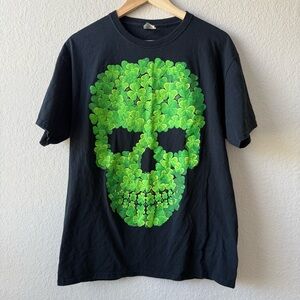 Black T-Shirt with Green Four Leaf Clover Skull Design